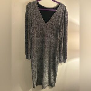 Silver & Black Sparkle Dress | Glitter V-Neck Midi Dress | Holiday Dress